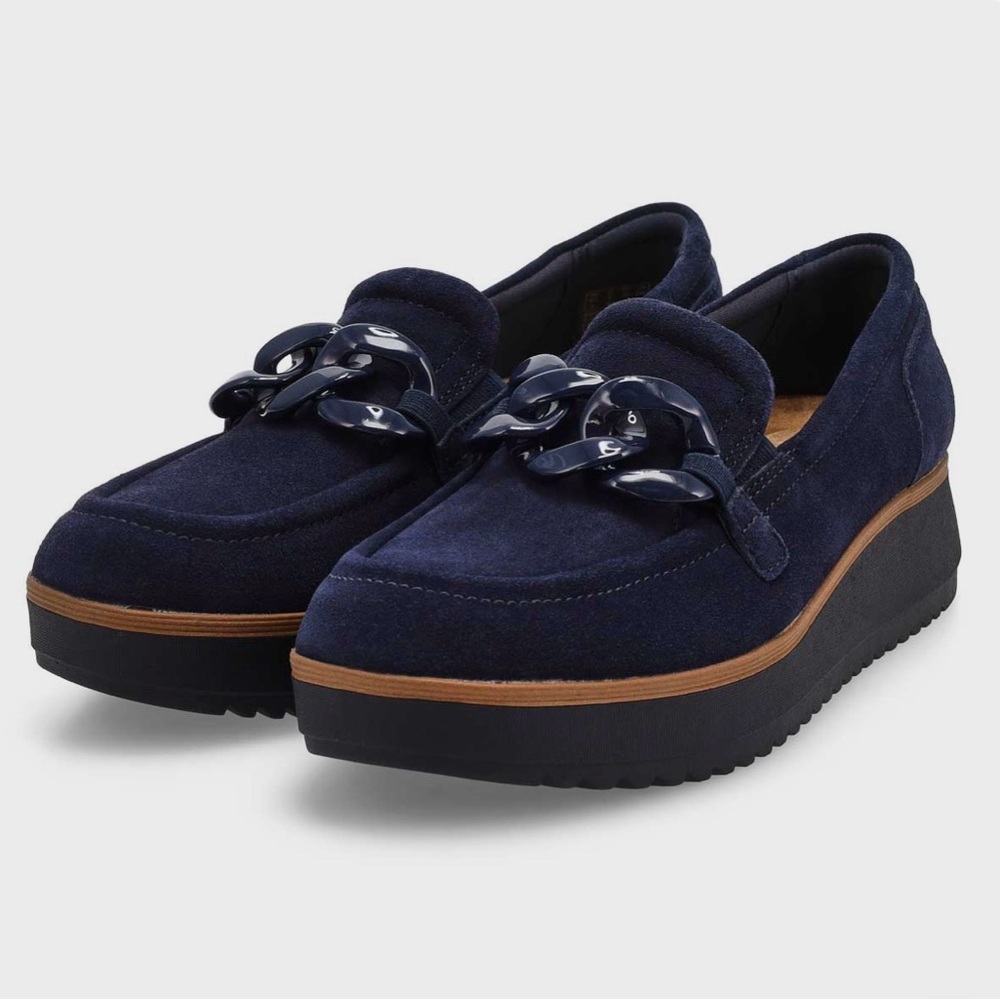 Women's Clarks Navy Loafers with Chain Detail